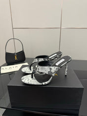 ALAIA HEELED THONG 25S IN WHITE AND BLACK LAMBSKIN SNAKE-EMBOSSED