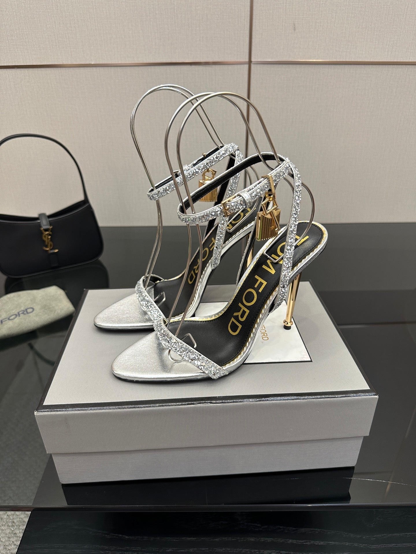 TOM FORD 26S HEELED SANDALS 100 MM IN SILVER CALFSKIN