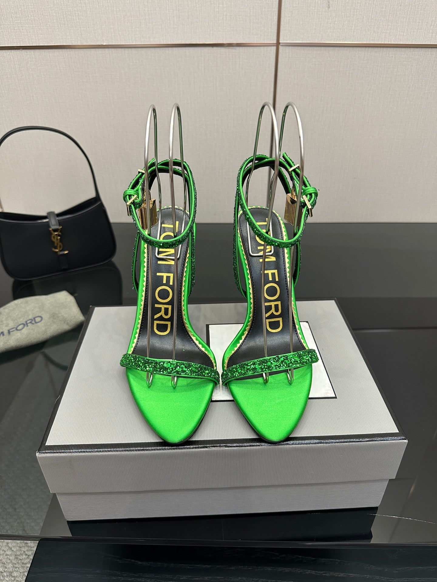 TOM FORD 26S HEELED SANDALS 100 MM IN GREEN CALFSKIN
