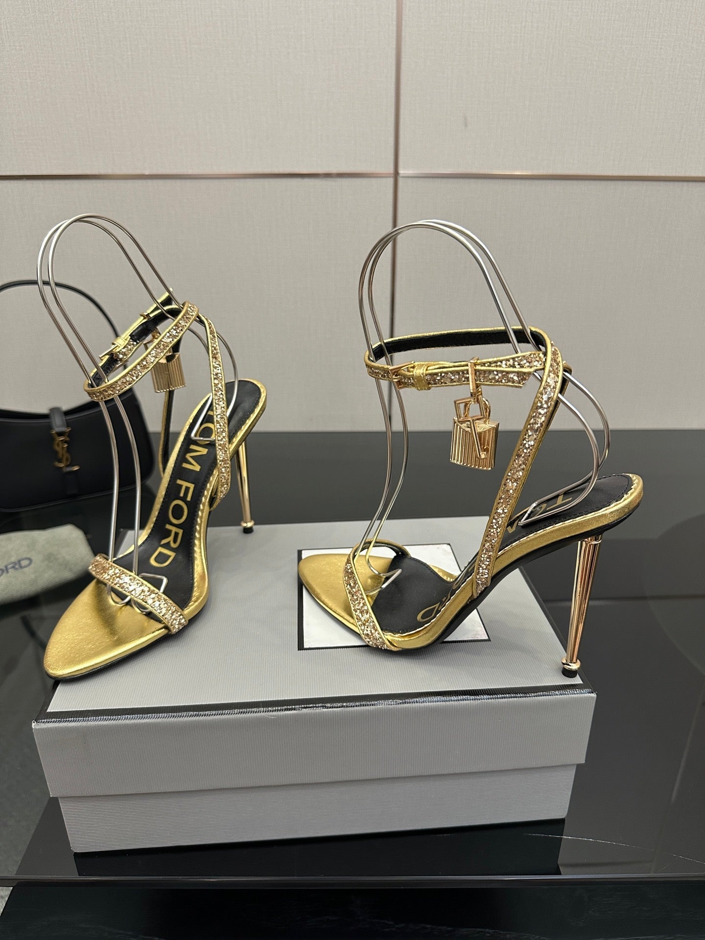 TOM FORD 26S HEELED SANDALS 100 MM IN METALLIC GOLD CALFSKIN