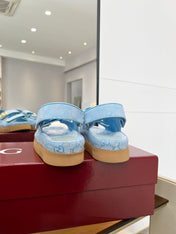 VELCRO STRAP SANDALS IN SKY BLUE MONOGRAM CANVAS GOLD HARDWARE