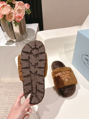 PRADA 25S FLAT MULES IN DARK BROWN RABBIT FUR
