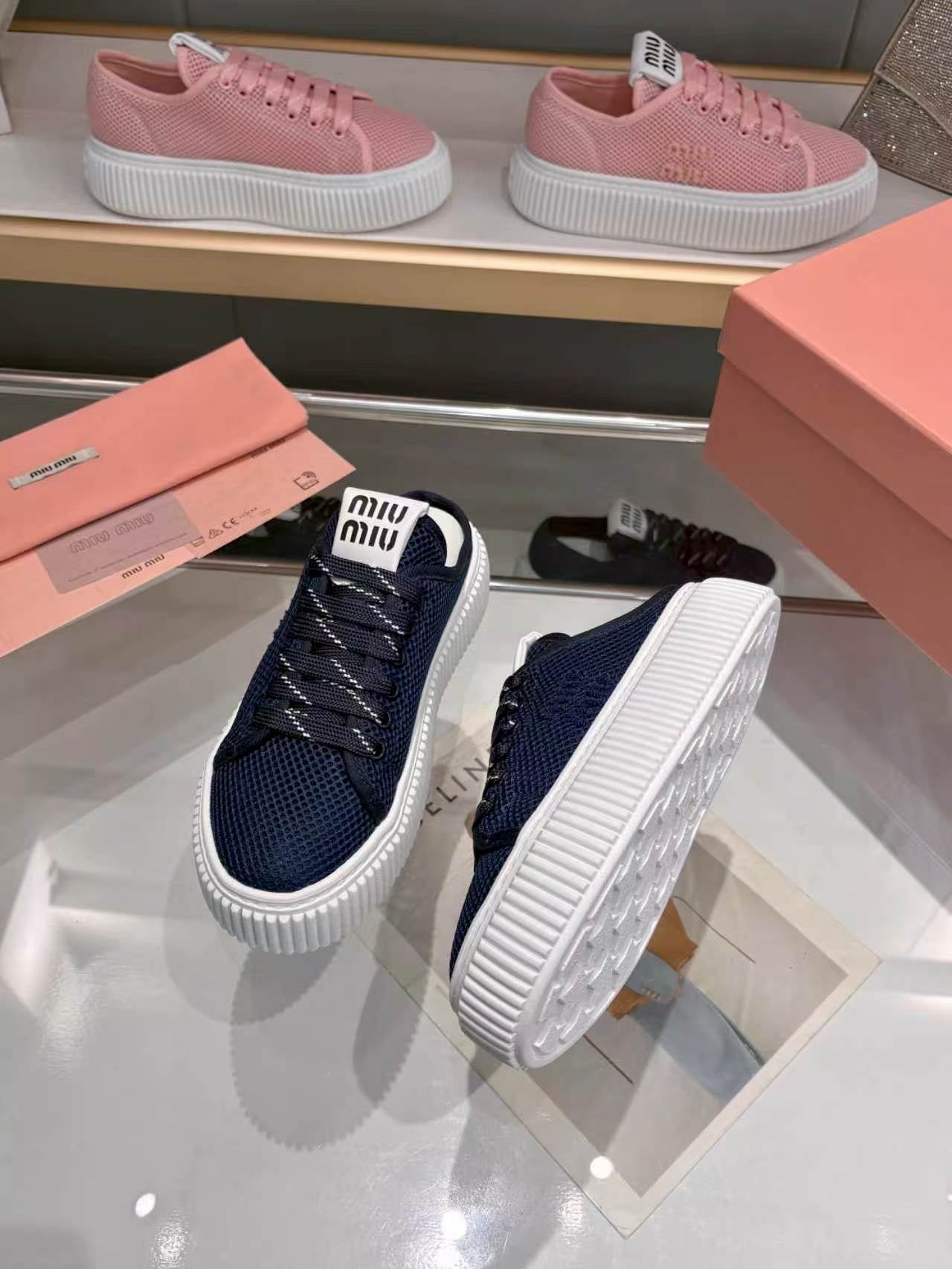 MIUMIU 26S SNEAKER MULES 45MM IN NAVY BLUE MESH