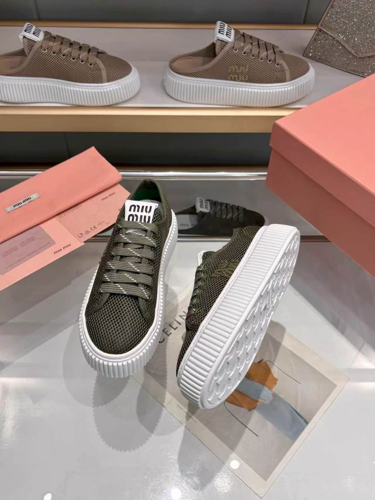 MIUMIU 26S SNEAKER 45MM IN DARK OLIVE GREEN MESH FABRIC