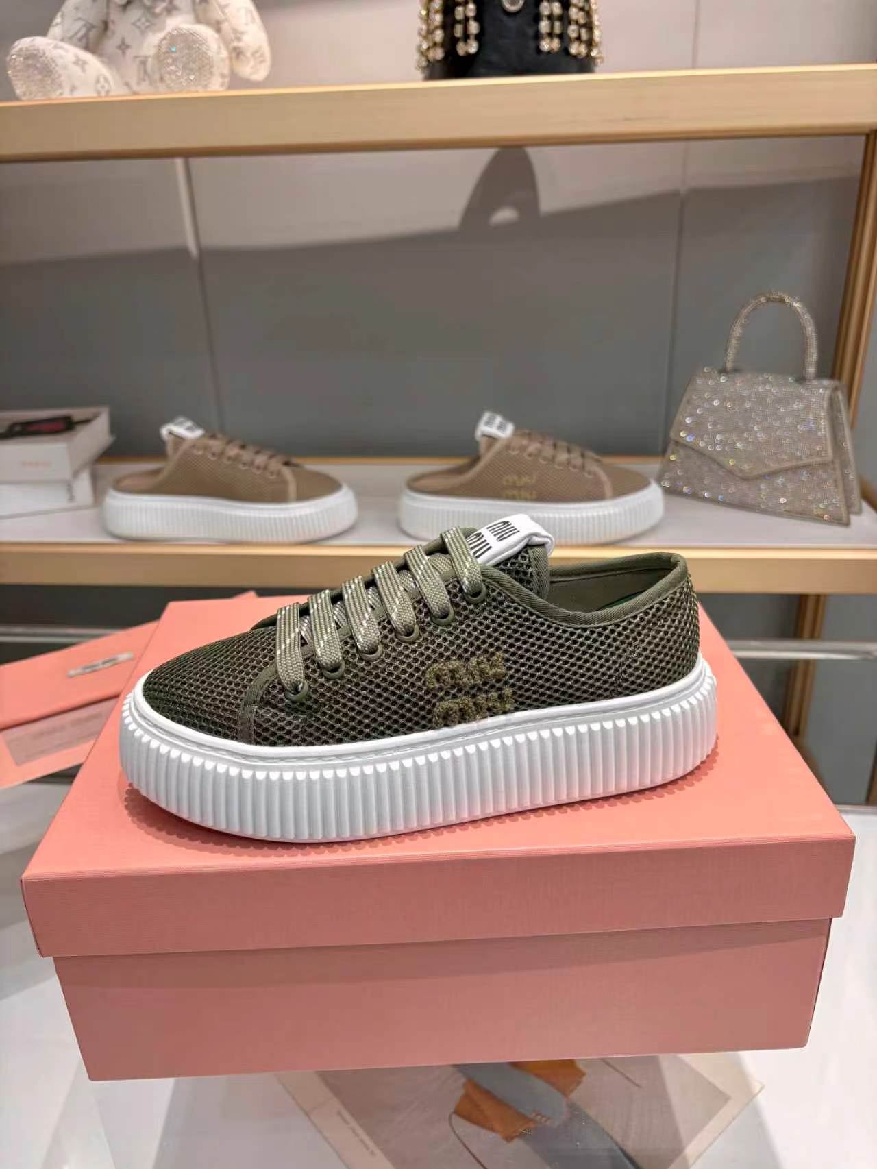 MIUMIU 26S SNEAKER 45MM IN DARK OLIVE GREEN MESH FABRIC