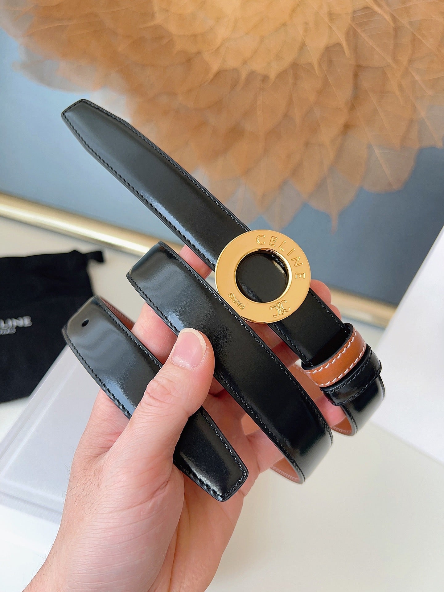 CELINE 26S BELT 25 MM IN BLACK AND BROWN CALFSKIN 636394