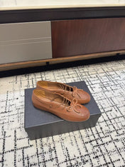 MIUMIU 26S LACE UP BOW LOAFERS IN CARAMEL BROWN CALFSKIN