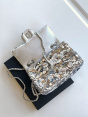 CHANEL 26S CLASSIC FLAP BAG 21 IN SILVER SEQUINS