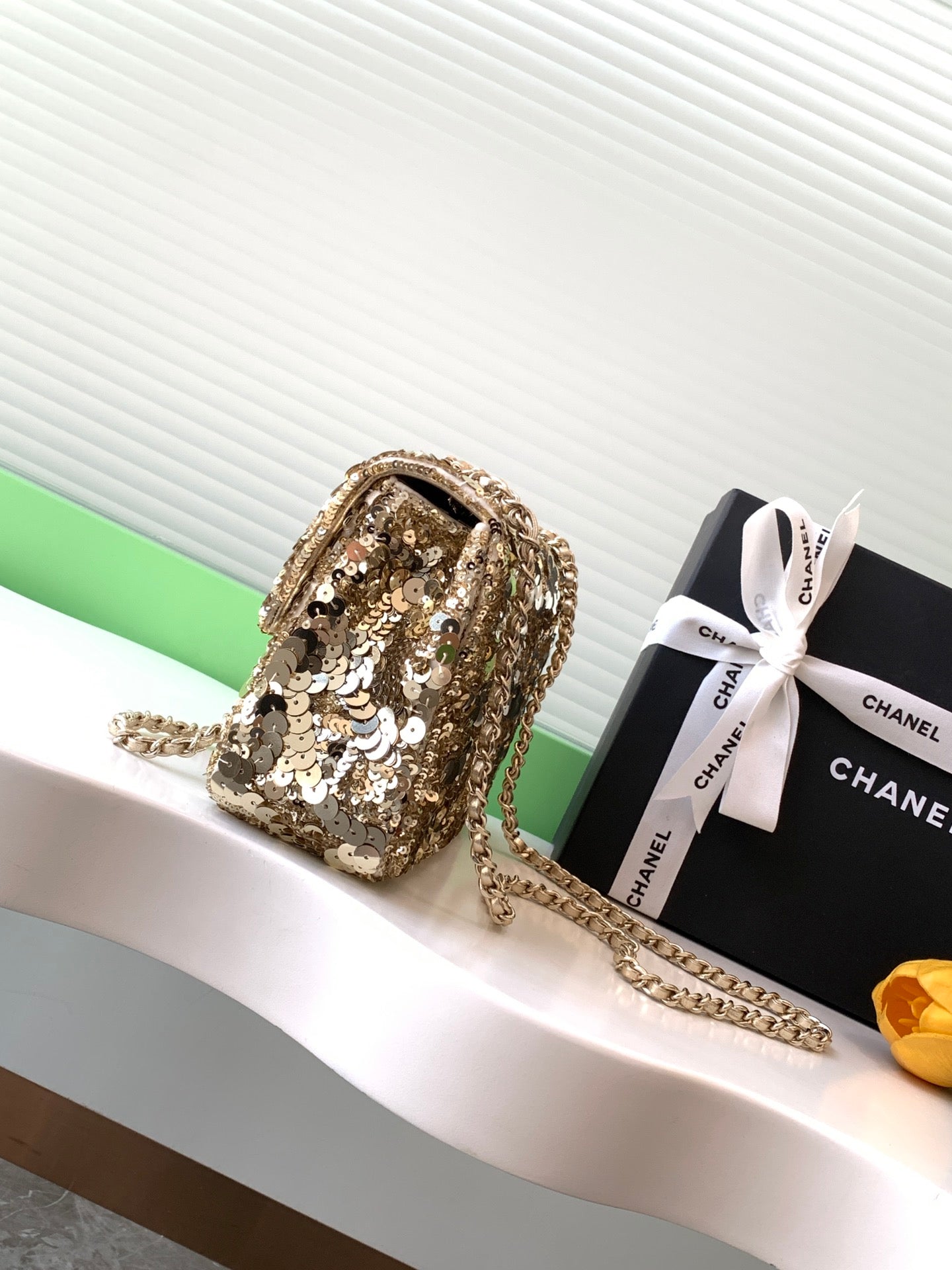 CHANEL 26S CLASSIC FLAP BAG 21 IN LIGHT GOLD SEQUINS