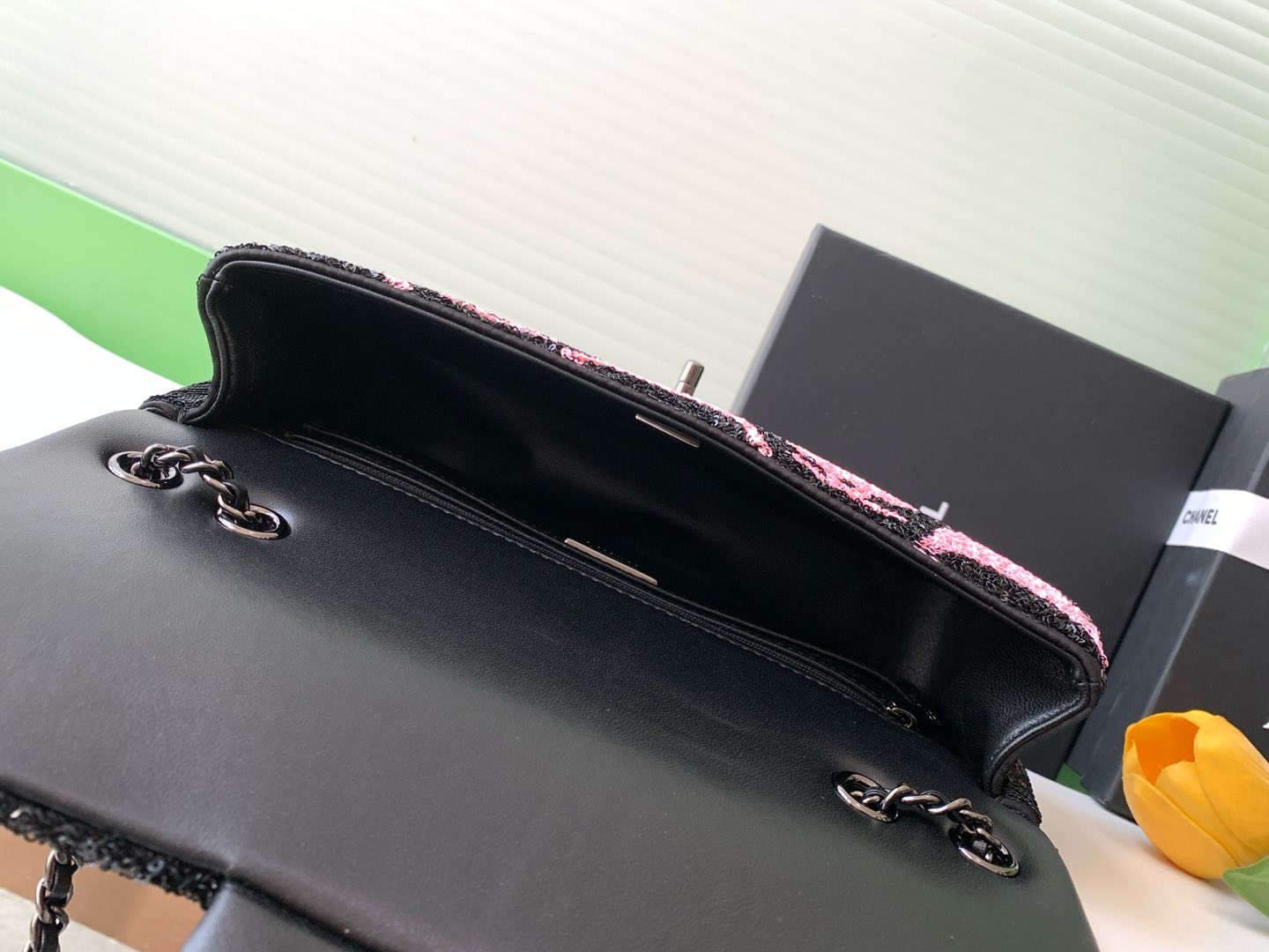 CHANEL 26S CLASSIC FLAP BAG 21 IN BLACK MIX PINK SEQUINS