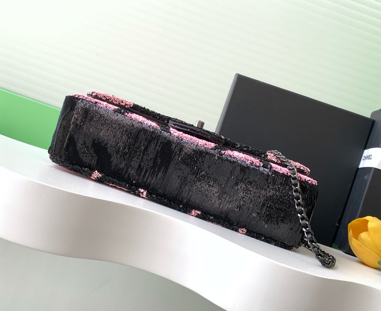 CHANEL 26S CLASSIC FLAP BAG 21 IN BLACK MIX PINK SEQUINS