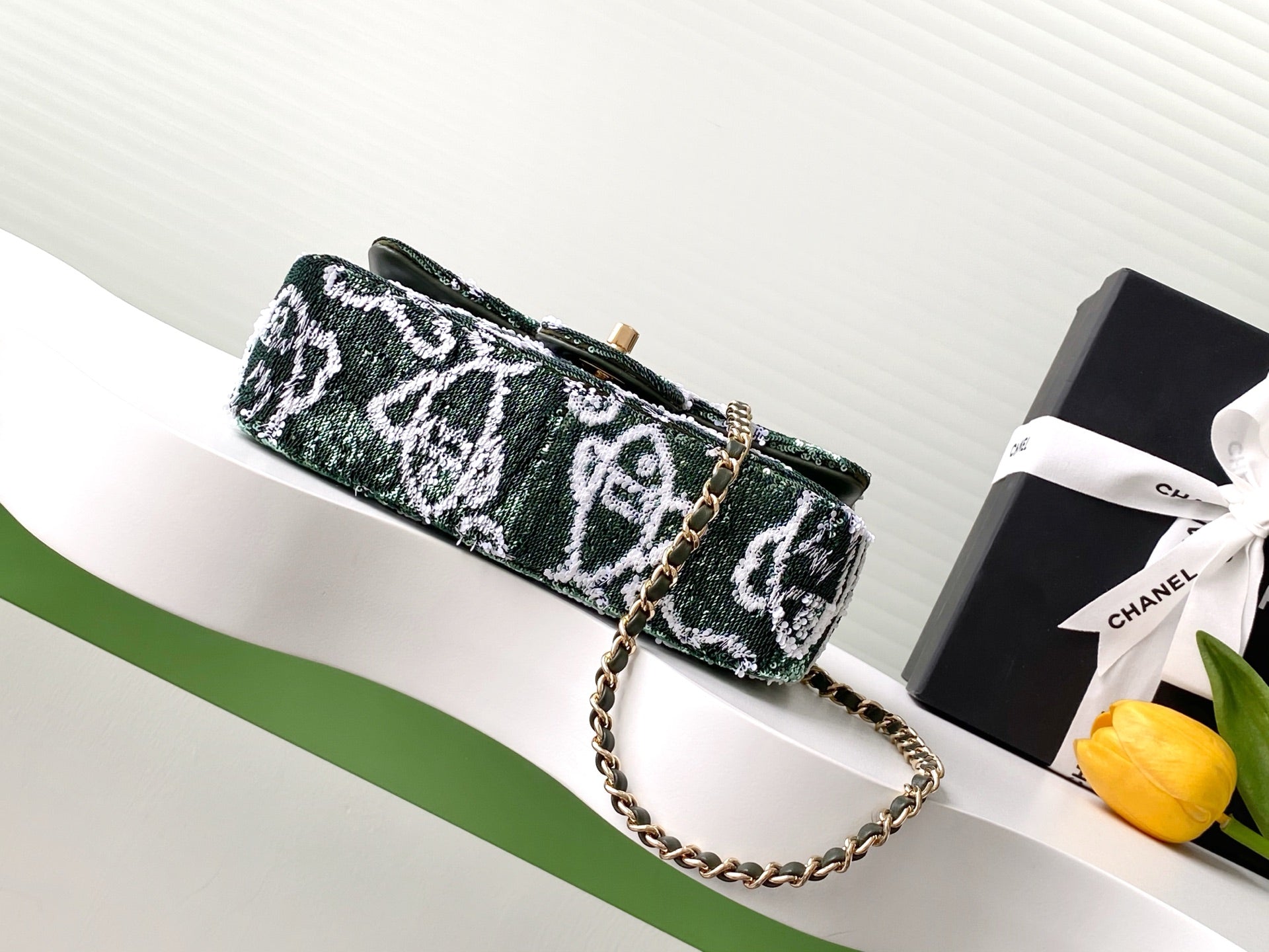 CHANEL 26S CLASSIC FLAP BAG 21 IN MOSS GREEN MIX WHITE SEQUINS