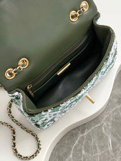 CHANEL 26S CLASSIC FLAP BAG 21 IN MOSS GREEN MIX WHITE SEQUINS