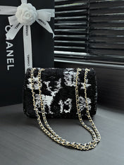 CHANEL 26S CLASSIC FLAP BAG 21 IN BLACK MIX WHITE SEQUINS