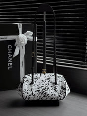 CHANEL 26S SHOULDER BAG 28 IN BLACK AND WHITE SPOTTED PRINT PONY HAIR