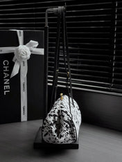 CHANEL 26S SHOULDER BAG 28 IN BLACK AND WHITE SPOTTED PRINT PONY HAIR