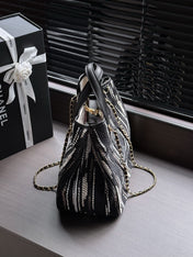 CHANEL 26S SHOPPING TOTE 36 IN BLACK WITH WHITE VERTICAL-STRIPED TWEED