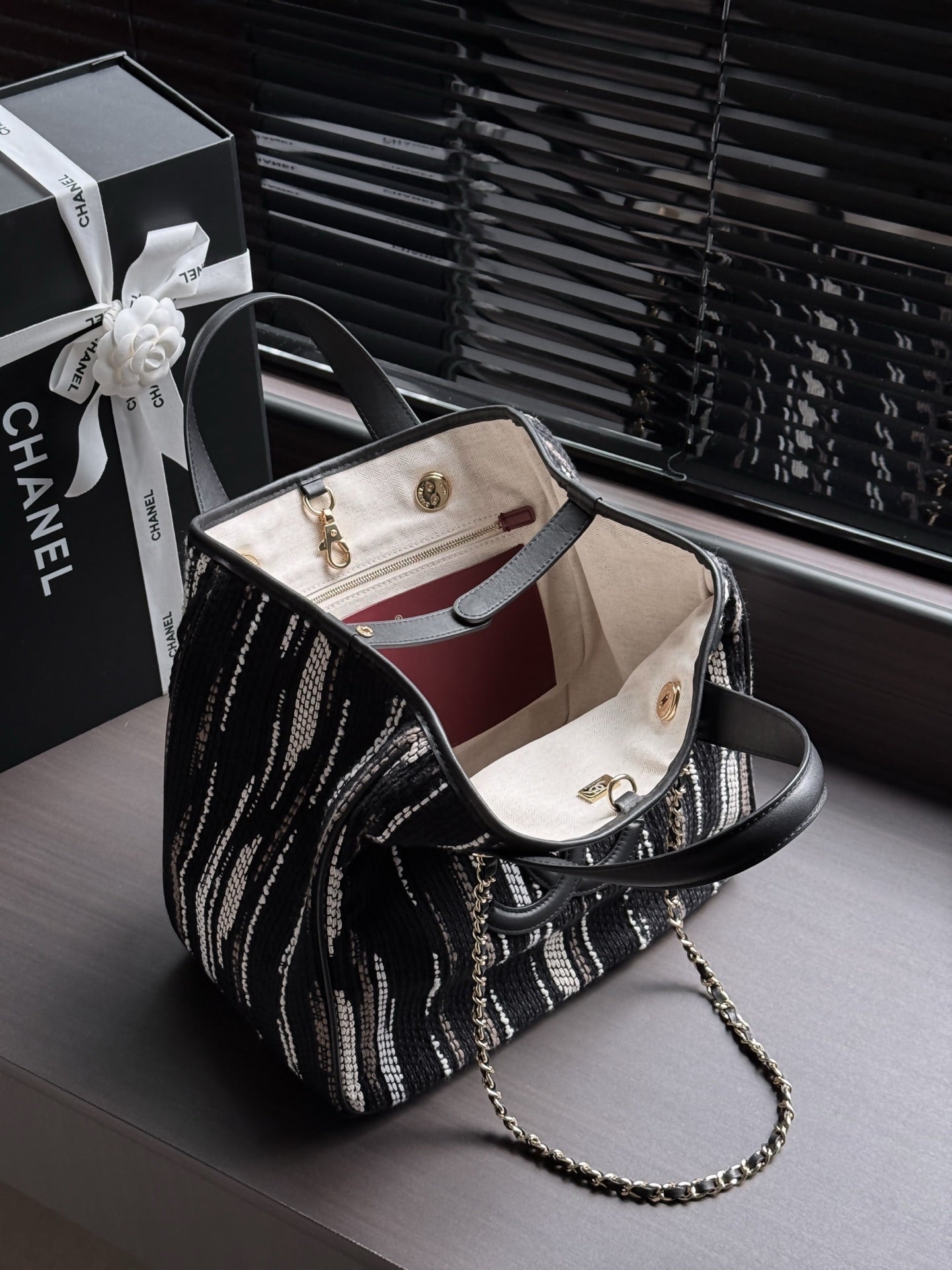 CHANEL 26S SHOPPING TOTE 36 IN BLACK WITH WHITE VERTICAL-STRIPED TWEED