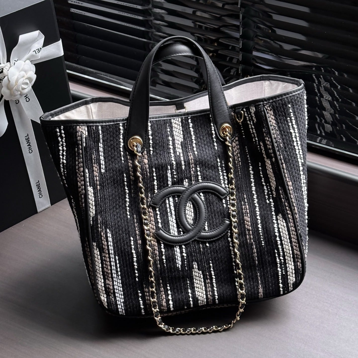 CHANEL 26S SHOPPING TOTE 36 IN BLACK WITH WHITE VERTICAL-STRIPED TWEED