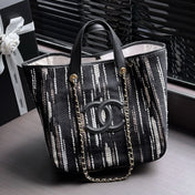 CHANEL 26S SHOPPING TOTE 36 IN BLACK WITH WHITE VERTICAL-STRIPED TWEED