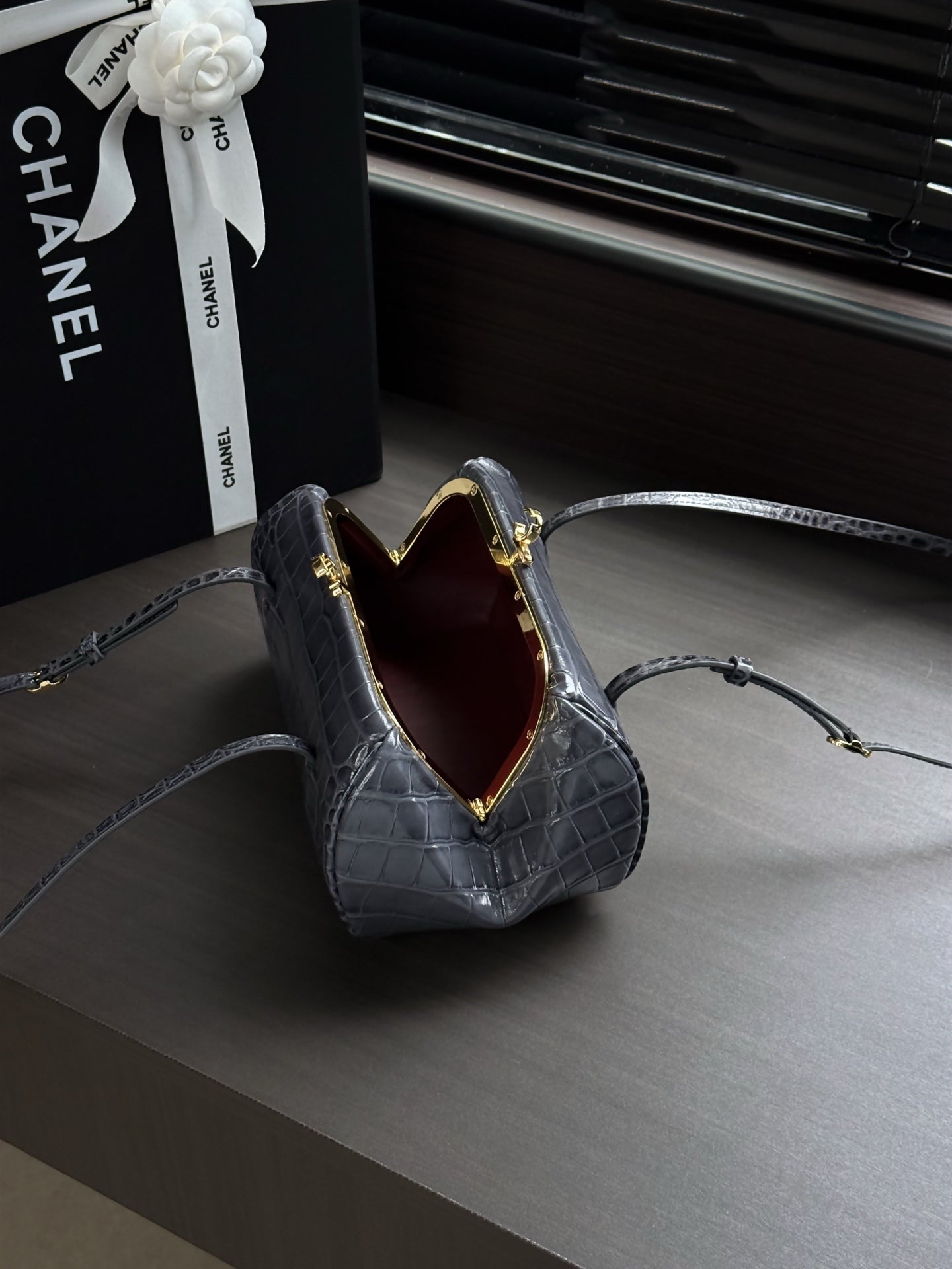 CHANEL 26S SHOULDER BAG 28 IN DARK GREY GLOSSY CROCODILE-EMBOSSED CALFSKIN