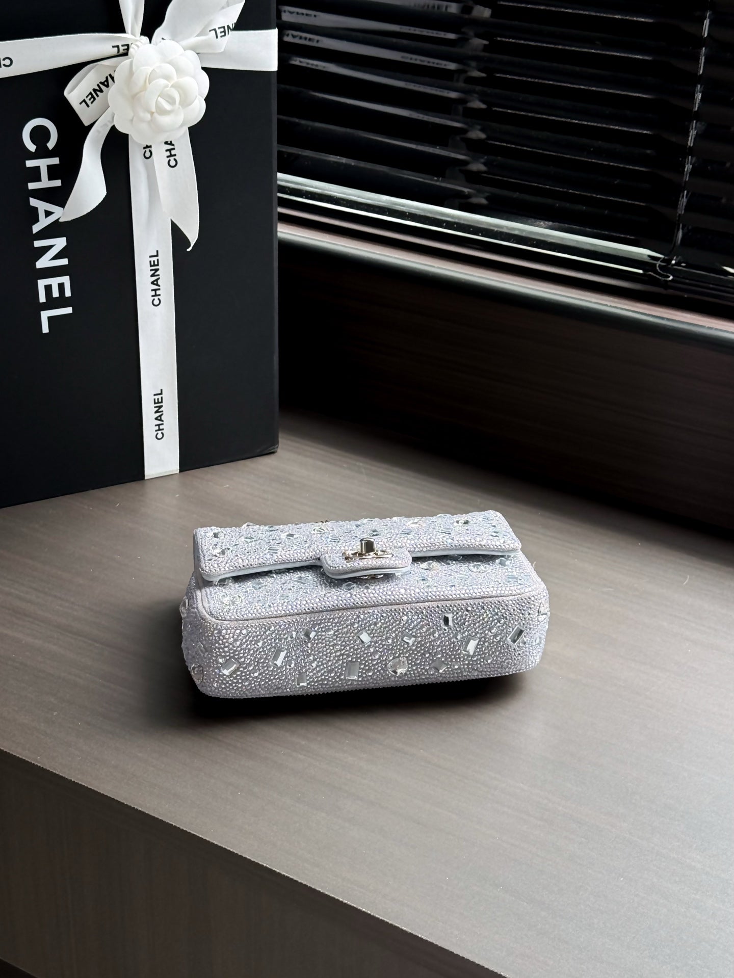 CHANEL 26S FLAP BAG 21 IN SILVER CRYSTAL-EMBELLISHED SPARKLING