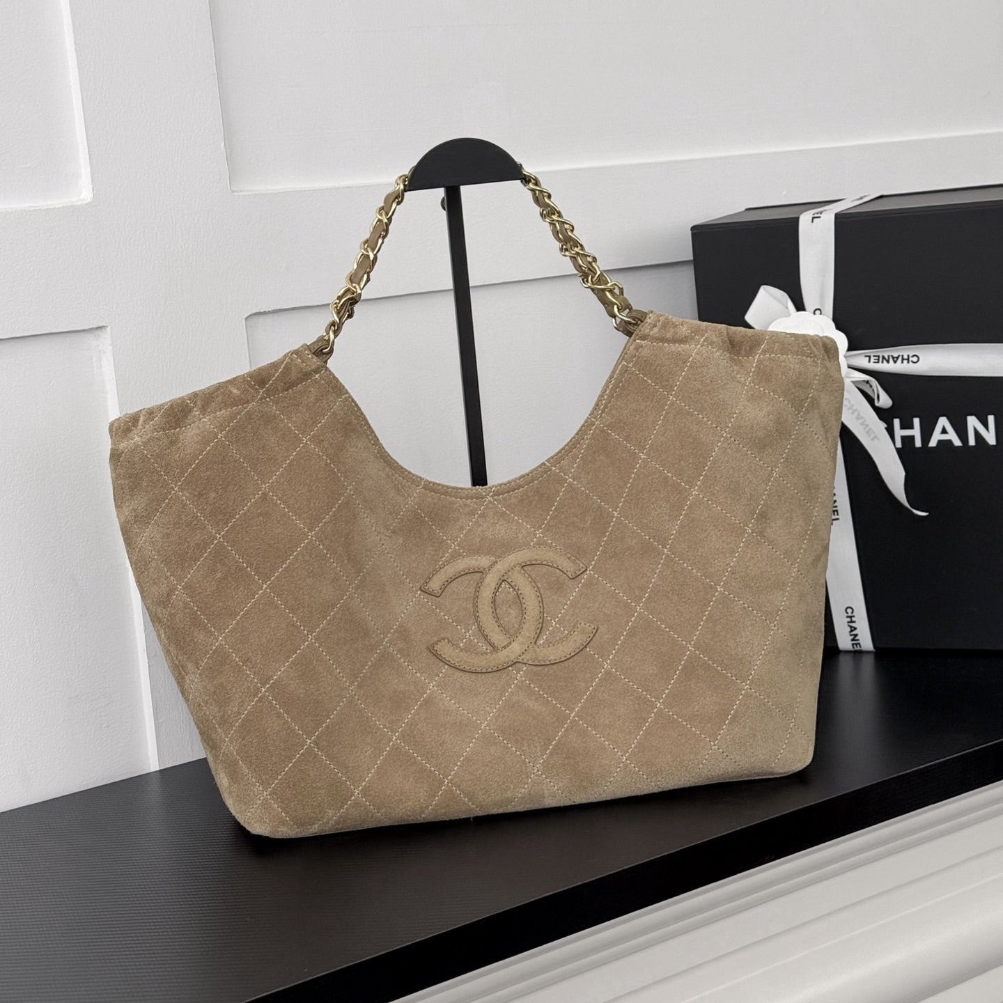 CHANEL 26S SHOPPING TOTE BAG 45 IN BEIGE QUILTED SUEDE