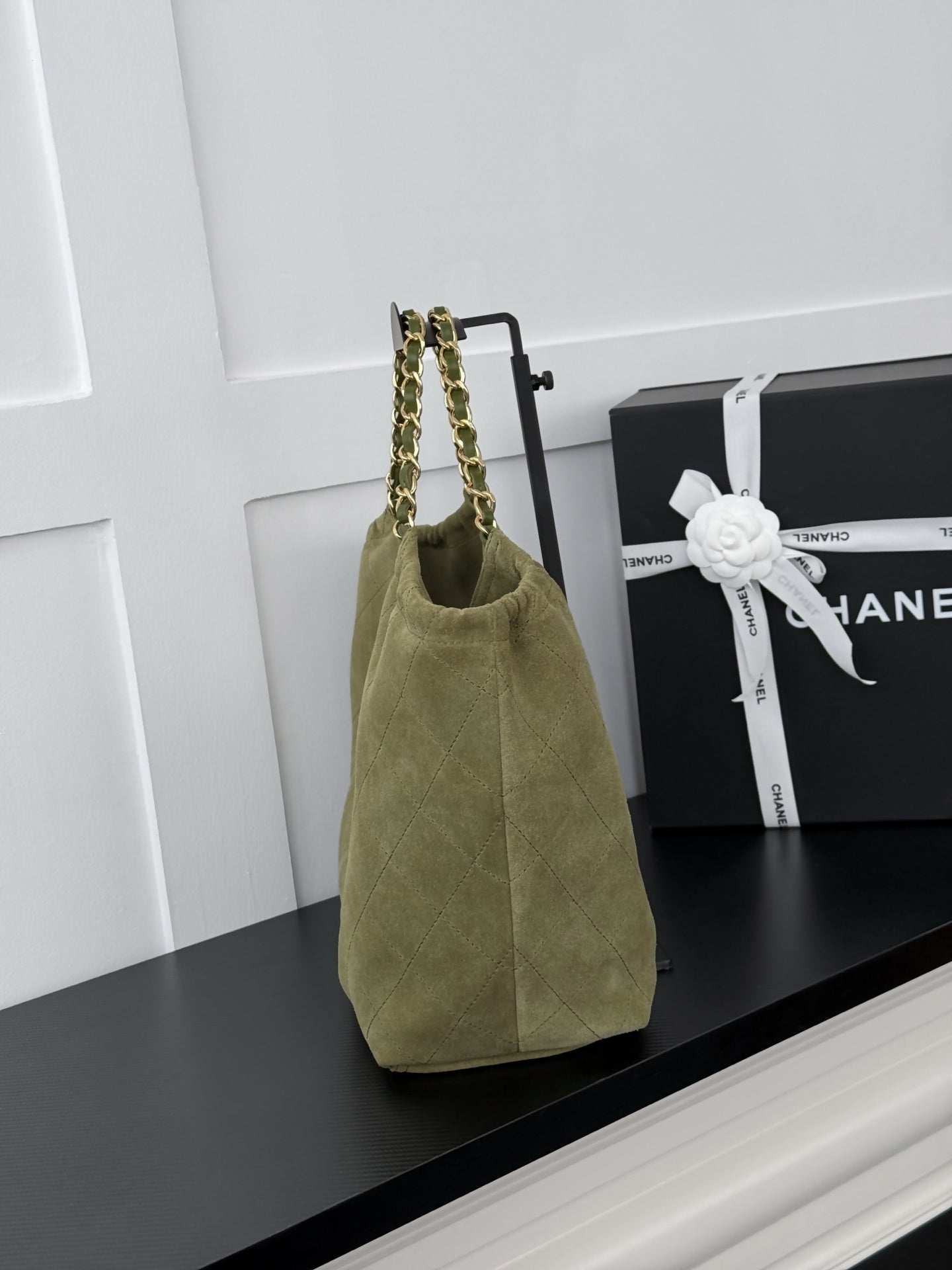 CHANEL 26S SHOPPING TOTE BAG 45 IN OLIVE GREEN QUILTED SUEDE