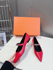 HM 26S KELLY BUCKLE MARY JANE POINTED FLATS IN RED CALFSKIN
