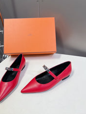 HM 26S KELLY BUCKLE MARY JANE POINTED FLATS IN RED CALFSKIN
