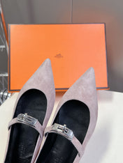 HM 26S KELLY BUCKLE MARY JANE POINTED FLATS IN TAUPE BROWN SUEDE
