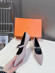 HM 26S MARY JANE POINTED TOE HEELS 40MM IN TAUPE BROWN SUEDE KELLY BUCKLE