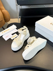 NAMA WEDGE SANDALS IN BEIGE FABRIC AND WHITE RUBBER