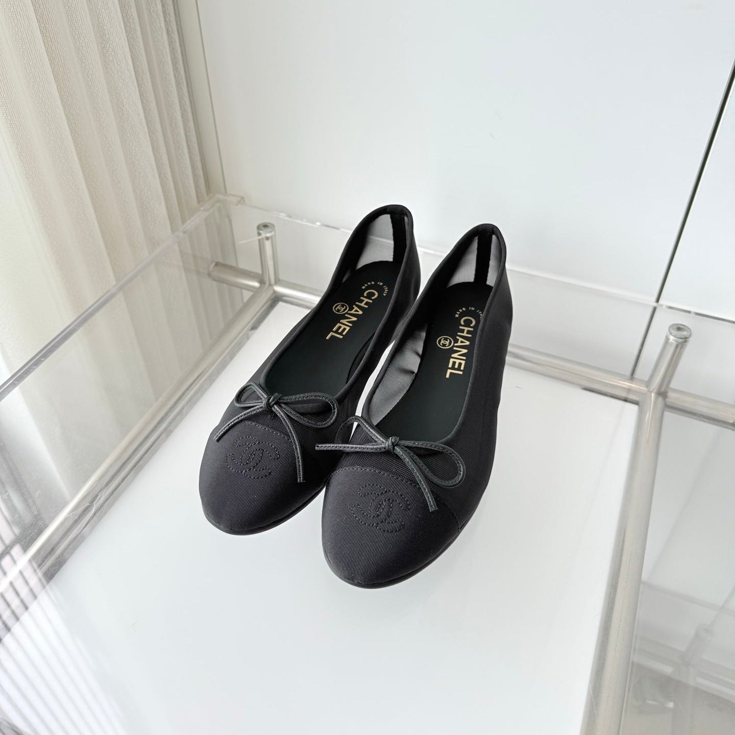 CHANEL 26S BALLET FLATS IN BLACK MESH TOE CAP AND BOW