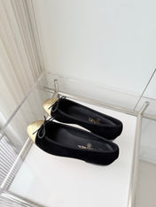 CHANEL 26S BALLET FLATS IN BLACK SUEDE WITH GOLD TOE CAP AND BOW