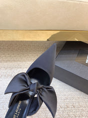 BARBARA BIG BOW MULES IN BLACK SILK