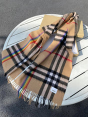 CHECK SCARF 200 CM IN CAMEL BEIGE MIX BLACK CASHMERE 394753