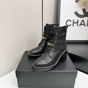 CHANEL 25S LACE-UP HEELED ANKLE BOOTS IN BLACK CALFSKIN