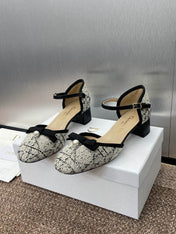 BALLET SLINGBACK PUMP IN WHITE MIX BLACK EMBROIDERED CANNAGE TWEED 35 MM