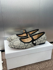 D-RAMOUR BALLET FLATS IN WHITE MIX BLACK EMBROIDERED CANNAGE TWEED