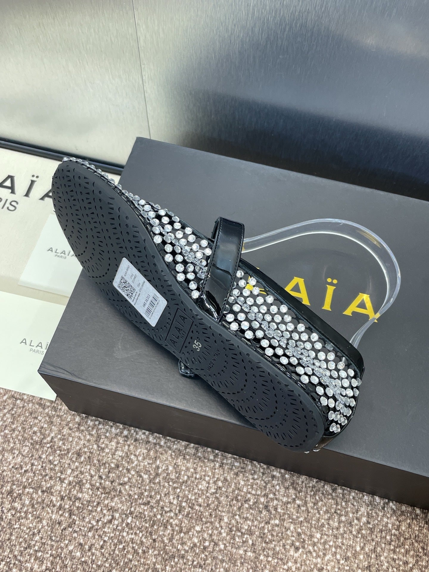 ALAIA MARY JANE FLAT 25S IN BLACK LAMBSKIN EMBELLISHED WITH CRYSTALS