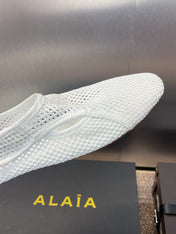 ALAIA MESH MARY JANE BALLET FLATS 25S IN WHITE FABRIC