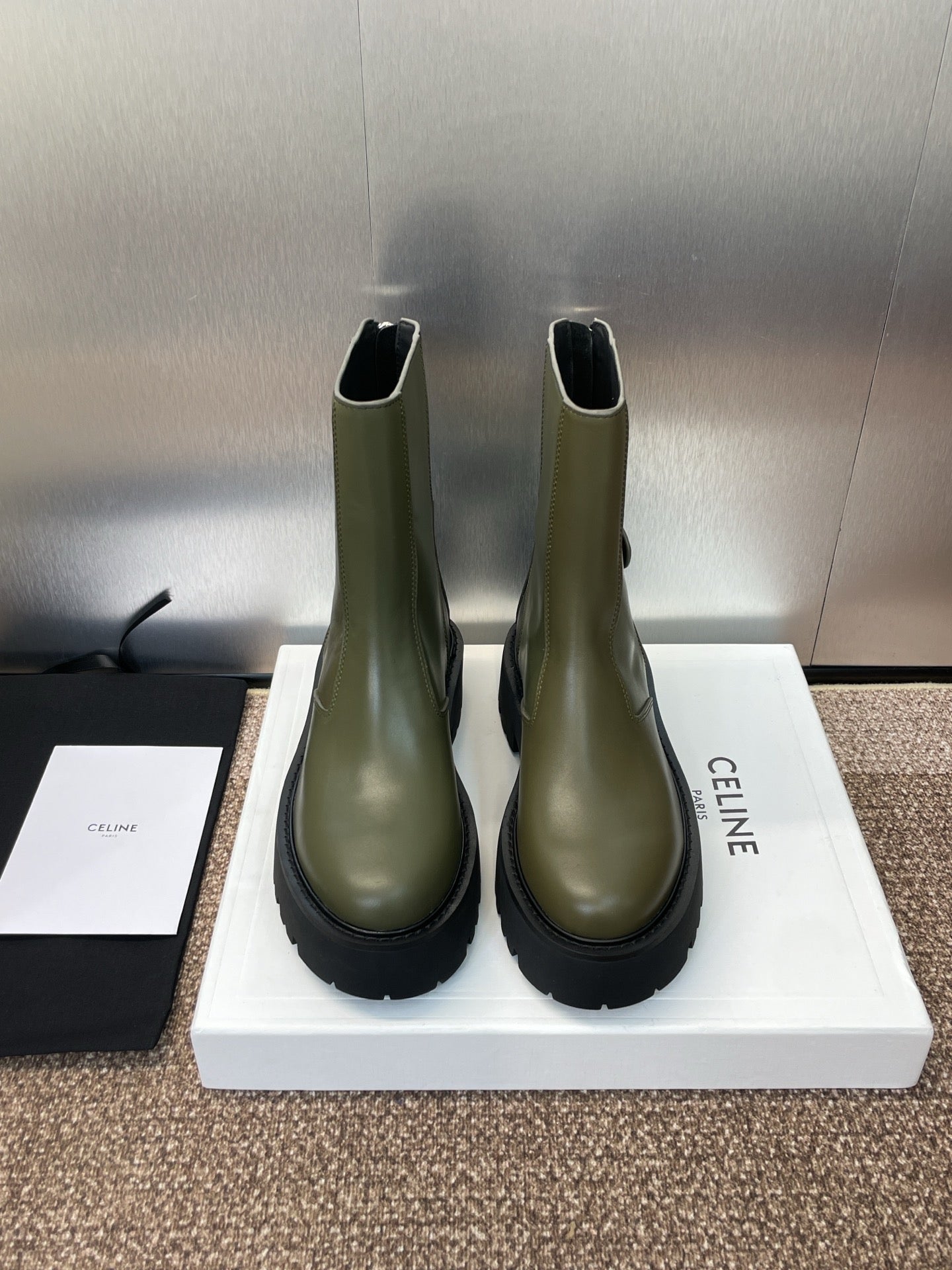 CELINE 26S ANKLE BOOTS 45 MM IN MOSS GREEN CALFSKIN