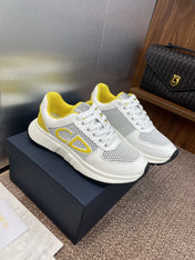 DIOR 25S D-RUN'N COUPLE SNEAKERS IN WHITE YELLOW CALFSKIN AND MESH