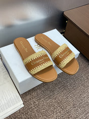 DIOR 25S D-LANE SLIDE CAMEL CALFSKIN AND NATURAL BRAIDED RAFFIA