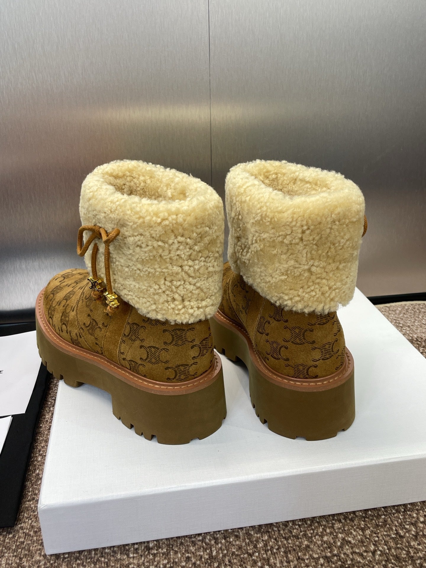 CELINE 26S ANKLE BOOTS 45 MM IN BROWN SUEDE AND BEIGE WOOL