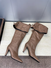 YSL 25S HIGH‑HEEL FRINGED MARTIN BOOTS 90 MM IN CHESTNUT BROWN LAMBSKIN