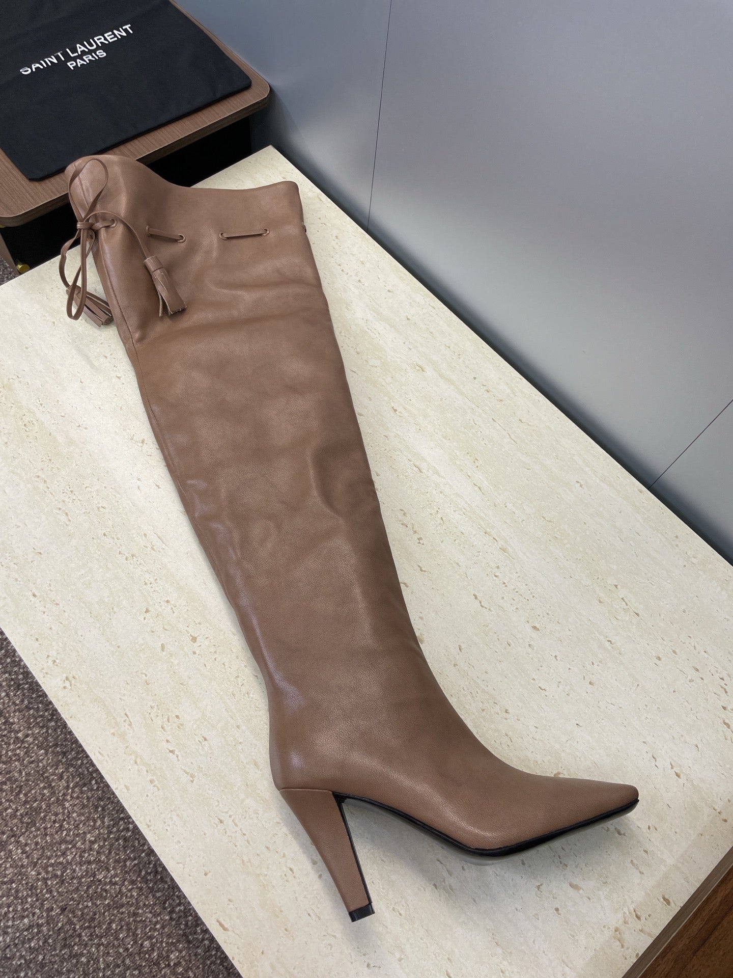 YSL 25S HIGH‑HEEL FRINGED MARTIN BOOTS 90 MM IN CHESTNUT BROWN LAMBSKIN