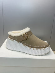 CHLOÉ 26S FUR-LINED WEDGE MULES IN DARK BEIGE SUEDE