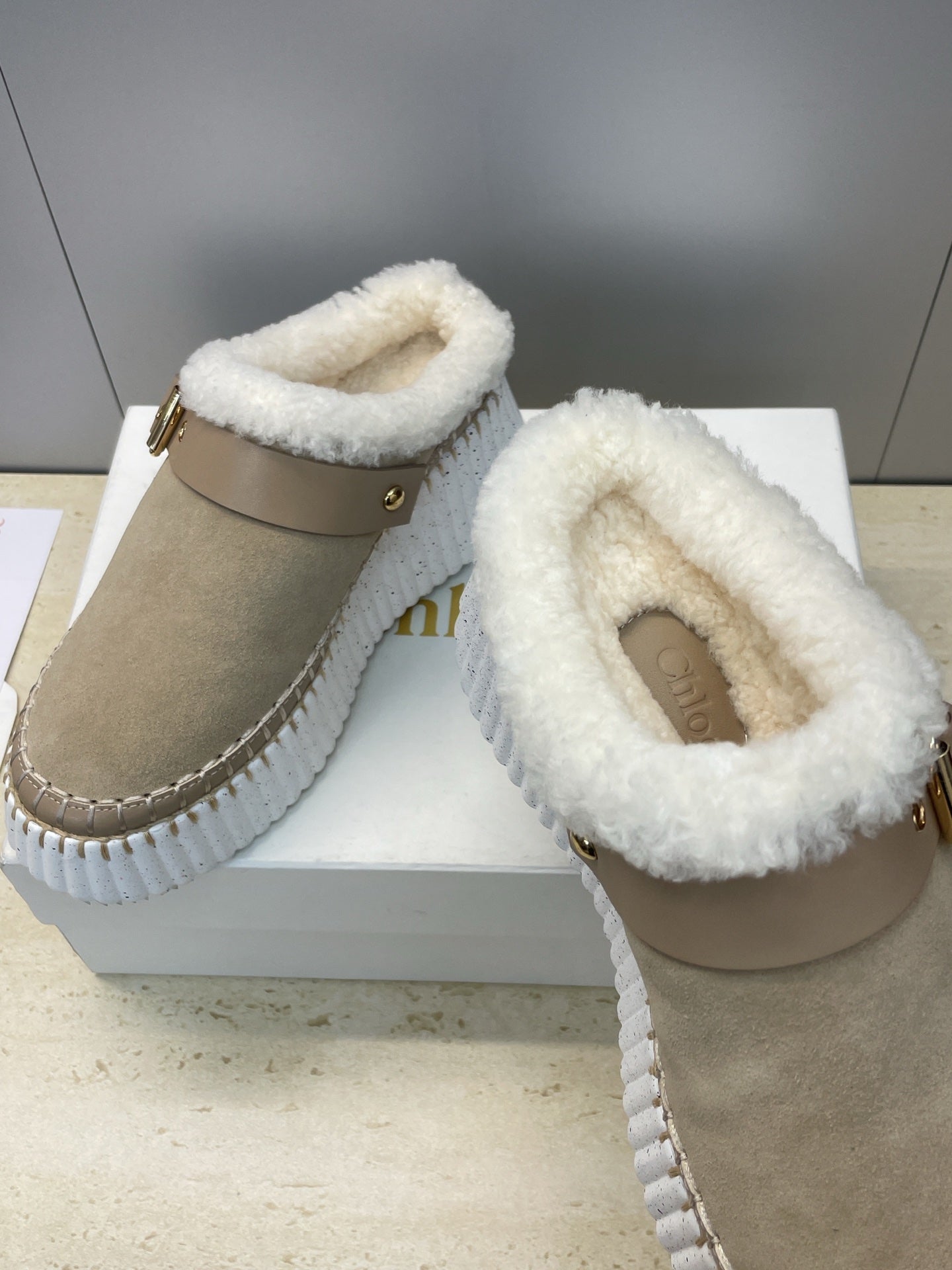 CHLOÉ 26S FUR-LINED WEDGE MULES IN DARK BEIGE SUEDE